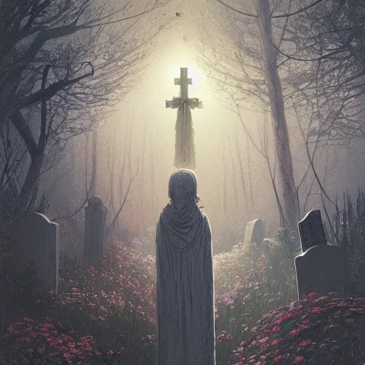 Image similar to The last spirit living in the cemetery, flowers, illustrated by Greg Rutkowski and Caspar David Friedrich
