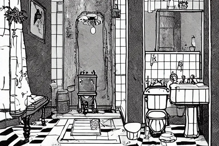 Prompt: victorian bathroom, style of studio ghibli + moebius + basquiat, cute,