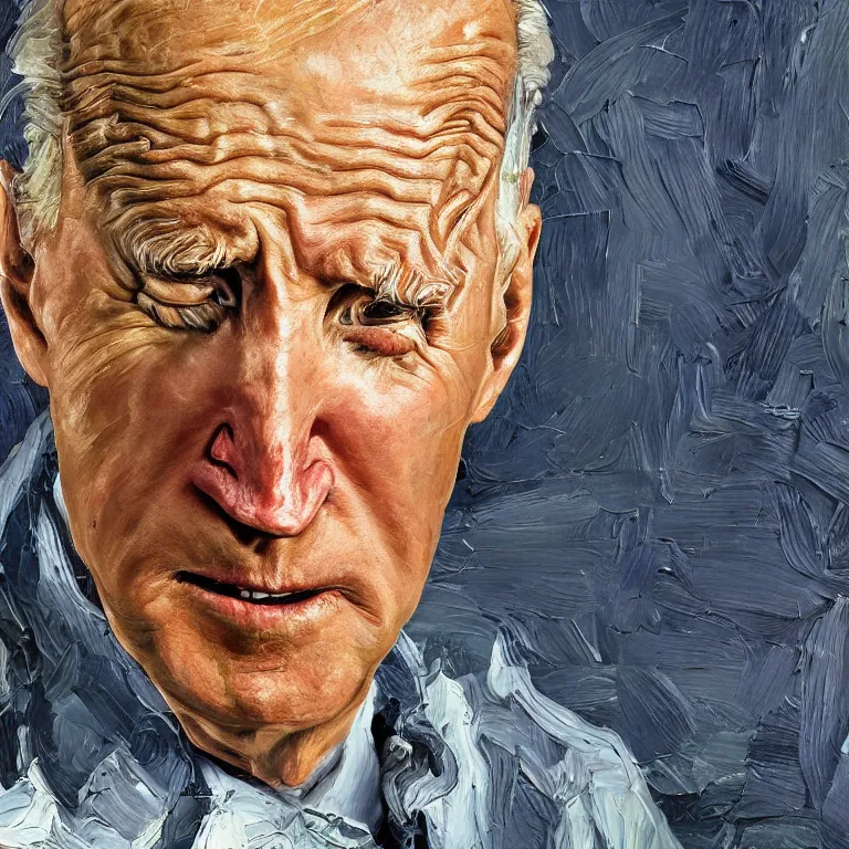 Image similar to close up studio portrait of aging old Joe Biden age 103 wrinkled sad, impasto oil painting by Lucian Freud and Ron Mueck, trending on artstation Studio lighting Expressionism