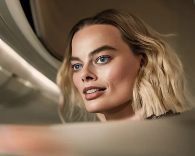 Prompt: a photo of margot robbie sitting on a flying plane, hyper realistic face, beautiful eyes, cinematic, long shot, hyper detailed, 8 5 mm photograph, 8 k resolution, film still, sharp lens, wide lens