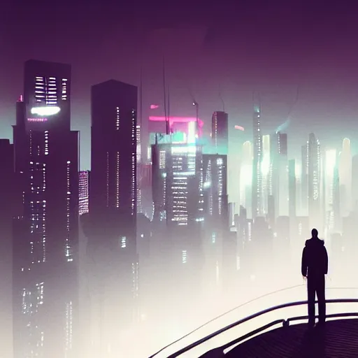 Image similar to “ a man standing on top of a bridge over a city, cyberpunk art by vincent lefevre, behance contest winner, altermodern, cityscape, synthwave, matte painting ”