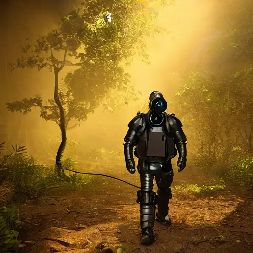 Image similar to a heavily armored man wearing a gasmask, walking through a lush jungle, realistic octane render, ray traced, god rays, extremely high detail