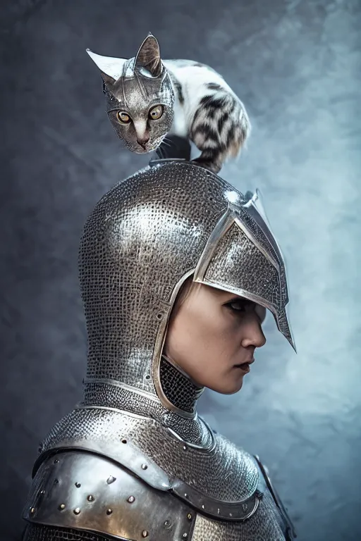 Image similar to female knight wearing a real cat on her head, armor designed by wayne barlowe, swarovski and tiffany, blonde hair, symmetry, sci - fi, cinematic, elegant, luxury, perfect light, perfect composition, dlsr photography, sharp focus, dark fantasy, 4 k, ultra hd, sense of awe, highly detailed, realistic, intricate