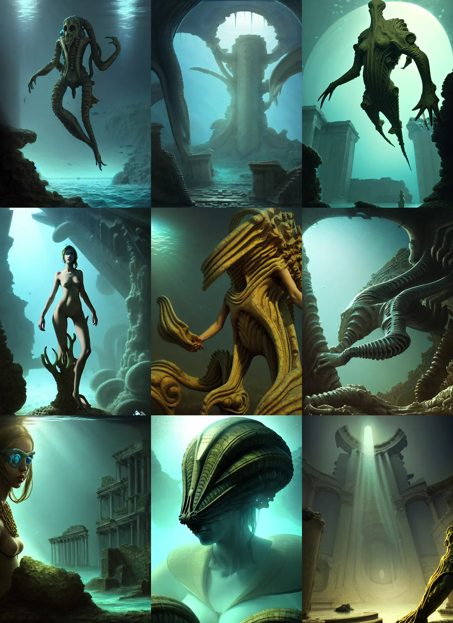 Prompt: costume design made for underwater aliens, sophisticated composition, old masters light composition, procedurally generated, character posing for concept art, ancient ruins behind, substance designer, PBR, HD, Ultra detailed, hyperrealistic, megascans, volumetric light, concept by master artist, made in paint tool SAI2, trending pixiv face