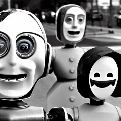 Image similar to in the style of 1960s, A scary robot is chasing after a bunch of scared adults with fully detailed faces, down the street, fully detailed , faces in focus