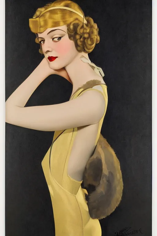 Image similar to a oil painting depicting a Jazz Age high society figure, 1920s style, smooth, highly detailed, high contrast, Coles Phillips, Dean Cornwell, JC Leyendecker, 8K