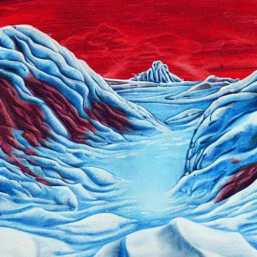 Prompt: horrific painting of an ice floe meeting magma!!!!!! in the middle, in the style of vintage photography, textured, skewed perspective, last photo ever taken, apocalyptic event, red color palette on left side and blue color palette on right side, cursed and sinister tone