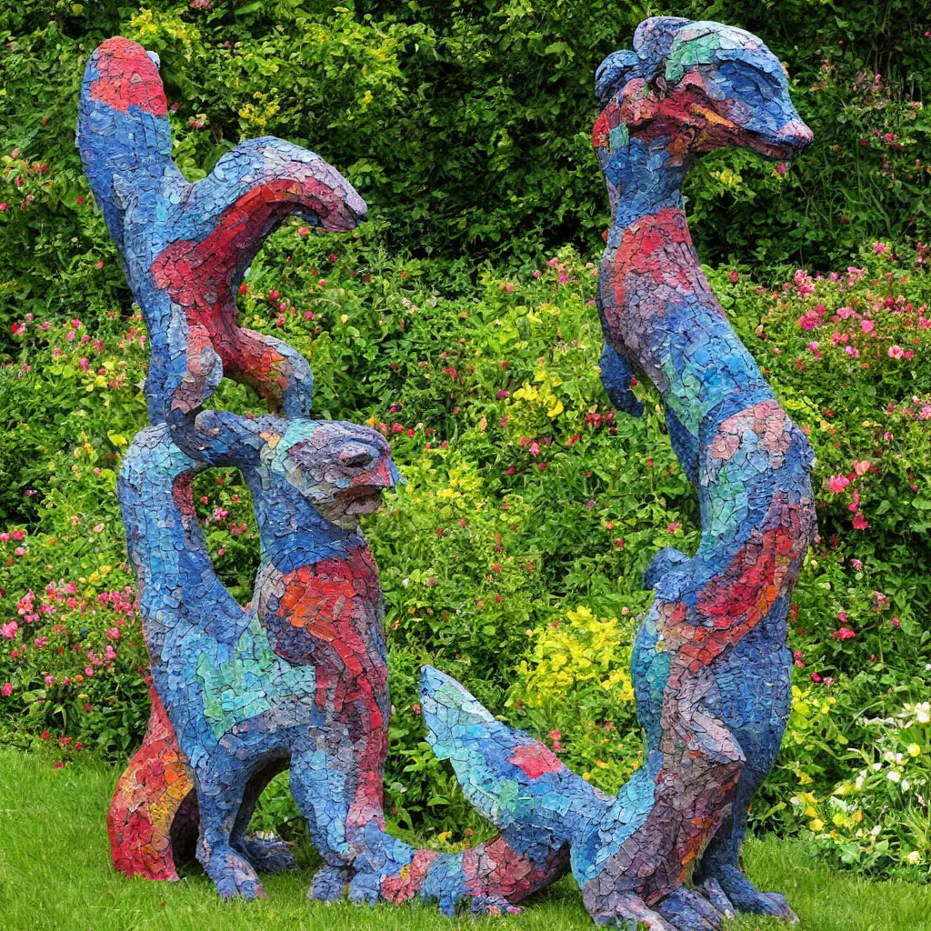 Prompt: folk art garden sculptures in an english cottage garden, cottagecore flower garden, concrete sculpture of a manticore, colorful mosaic, color blocking, sculpture by wouterina de raad!!!, art by james tellen, highly detailed, realistic anatomical proportions, textured hand built concrete sculpture, amazing concrete sculpture, 4 k