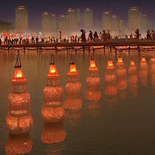 Prompt: concept art, river lanterns on the eve of ullambana festival, high resolution, by james gurney, king sejong, yi jeong, yi jing, artstation