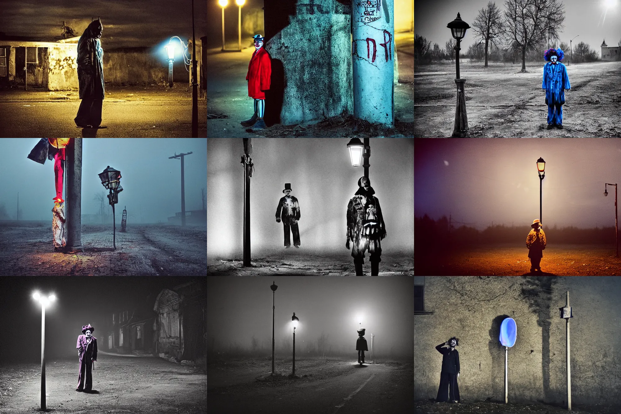 Image similar to a thin scary clown in torn clothes stands under a lamppost that shines a blue light on the clown, pitch darkness around the post, everything happens at night in an old Soviet village, the photo was taken from afar, Colourful, Cinematic, filmic, 35mm, dark atmosphere, horror, scary, Wildlife photography