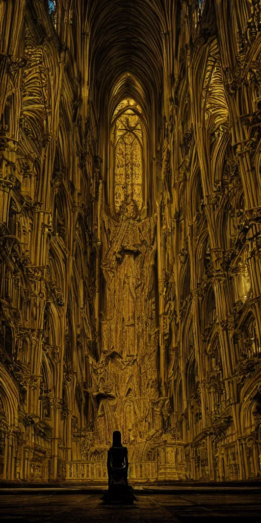 Prompt: a tall pale humanoid being sitting upon an ornate stone throne, 4K, digital art, horror, dramatic, wearing a long yellow rotting garment, dark, hyperrealistic, perspective, complex (((dark))) cathedral background with volumetric lights coming in through cathedral windows, dark background, highlights,