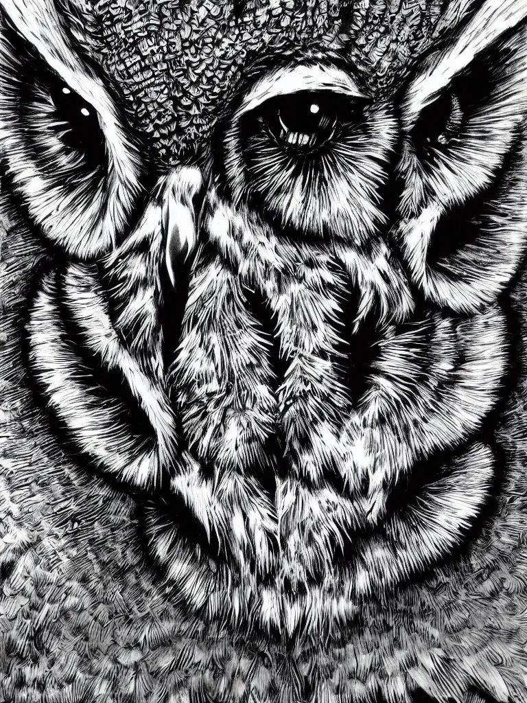 Image similar to hyperrealist highly detailed cinematic lighting studio portrait of a great horned owl, high contrast wood engraving, kentaro miura and junji ito manga style, shocking detail trending on artstation 8 k