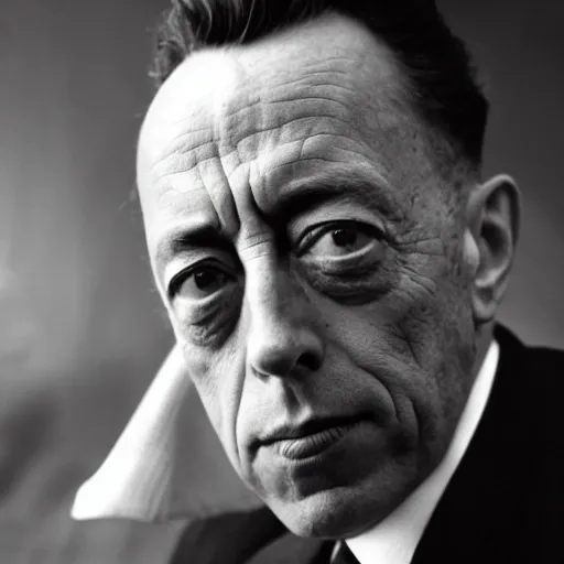 Image similar to 8k black and white photograph portrait of Albert Camus. National Geographic.