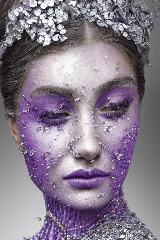 Image similar to hyperrealism close - up mythological portrait of a exquisite medieval woman's shattered face partially made of lavender flowers in style of art deco, wearing silver silk robe, dark palette