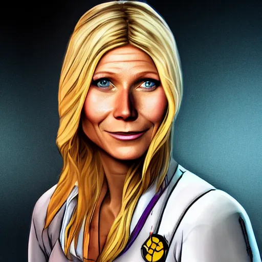 Prompt: gwyneth paltrow portrait, borderlands, tales from the borderlands, the wolf among us, comic, cinematic lighting, studio quality, 8 k