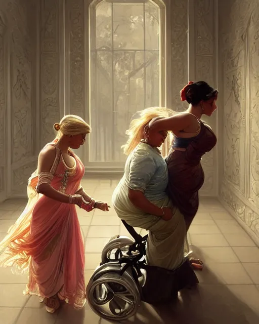 Image similar to Painting of a blonde lady pushing an obese indian lady in a wheelchair,real life skin, intricate, elegant, highly detailed, artstation, concept art, smooth, sharp focus, art by artgerm and greg rutkowski and alphonse mucha