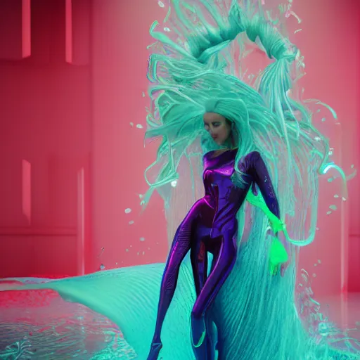 Prompt: 8 k octane render, photo realistic, haute couture, iris van herpen, mugler, techno mystic, inanna ashteroth with aqua neon rapunzel dreadlocks, nautical siren, princess intergalactica, gateway to futurisma