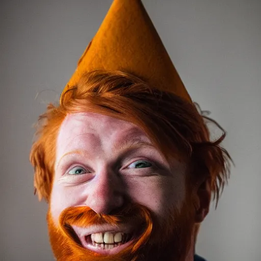 Image similar to professional photography of a drunk ginger haired man slouched on the couch smiling wearing a cone on his head