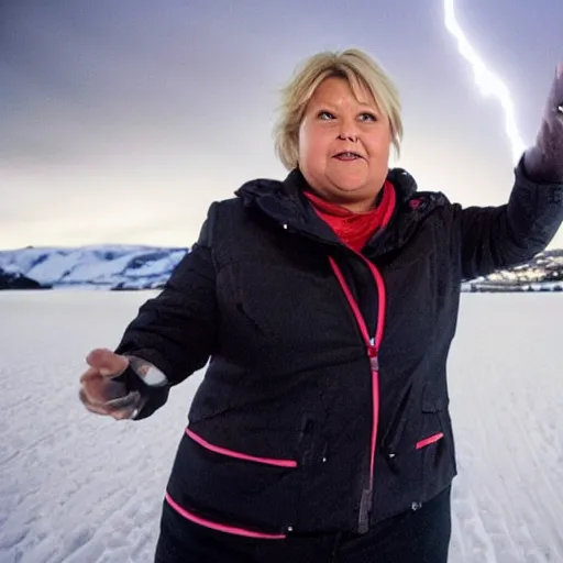 Image similar to Erna Solberg powering Norwegian village by shooting lightning out of her hands, glowing eyes