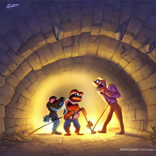 Prompt: a group of pepe digging in a tunnel by torchlight, artwork by Artgerm, Don Bluth