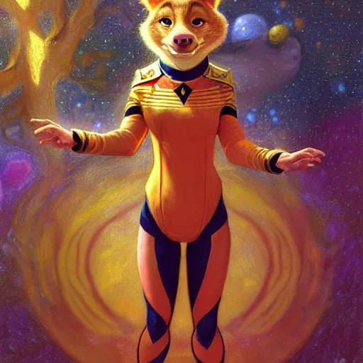 Prompt: a female pig cheetahwoman in starfleet uniform at night in a dark forest. zootopia fursona furaffinity furry art detailed face painting by gaston bussiere craig mullins jc leyendecker gustav klimt artgerm greg rutkowski furry