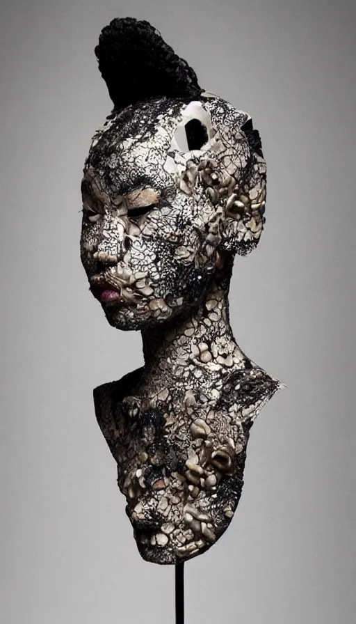 Image similar to a woman with a plastic mask on her face, a surrealist sculpture by alexander mcqueen, trending on pinterest, plasticien, biomorphic, made of plastic