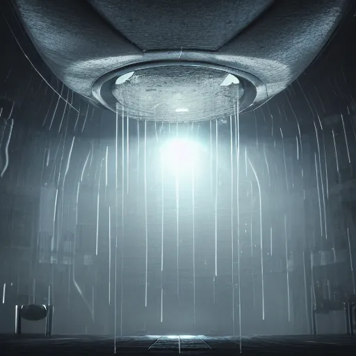 Image similar to a realistic, 4 k, octane render, raindrod. inside of the raindrop. inside the raindrop you can faintly see a dystopian futuristic city with heavy smog