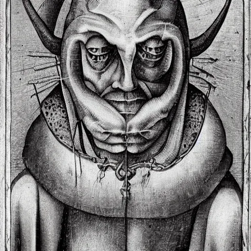 Image similar to Stunning and highly detailed portrait of the devil in human disguise wearing a red doublet Hieronymus Bosch