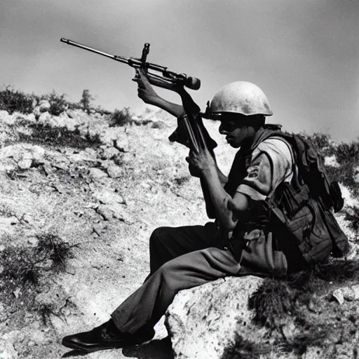 Prompt: Falling soldier by Robert Capa, militia, white shirt, rifle, extended arms, hillslope, 1936