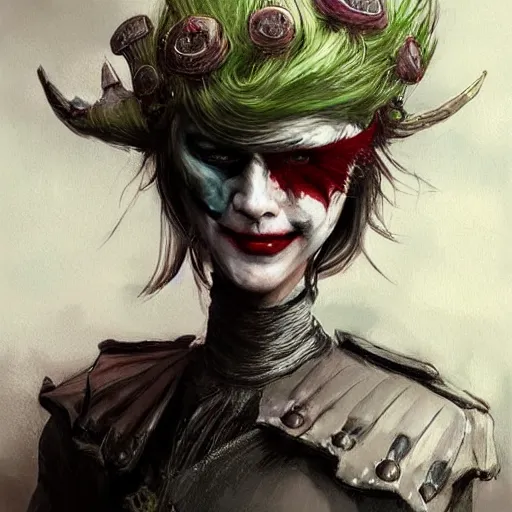 Image similar to joker as an attractive young smiling woman wearing a mushroom crown and heavy armoured wedding dress, face portrait, hd shot, digital portrait, elegant, beautiful, fantasy art, artstation, comic style, by artgerm, guy denning, jakub rozalski, magali villeneuve and charlie bowater