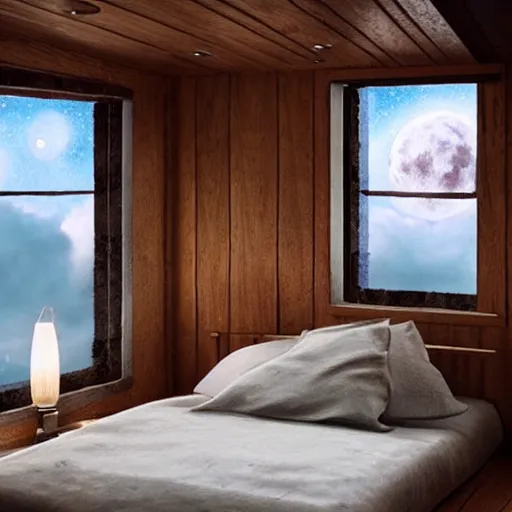 Image similar to Cozy bedroom aboard a flying ship window looks on moonlit clouds and stars, soft bed blankets wood paneling hyperrealism