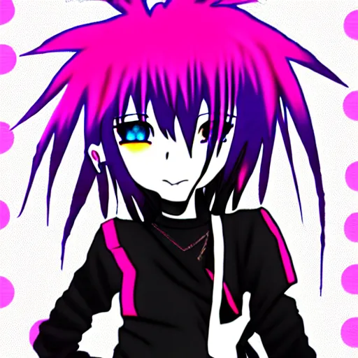 Image similar to emo anime girl, scene, rainbowcore, vhs monster high, glitchcore witchcore, checkered spiked hair, pixiv