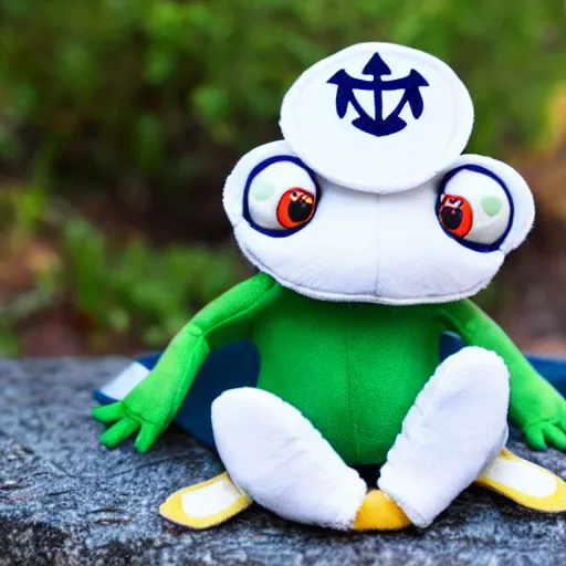 Image similar to stuffed animal frog wearing a sailor suit, plushie photography,