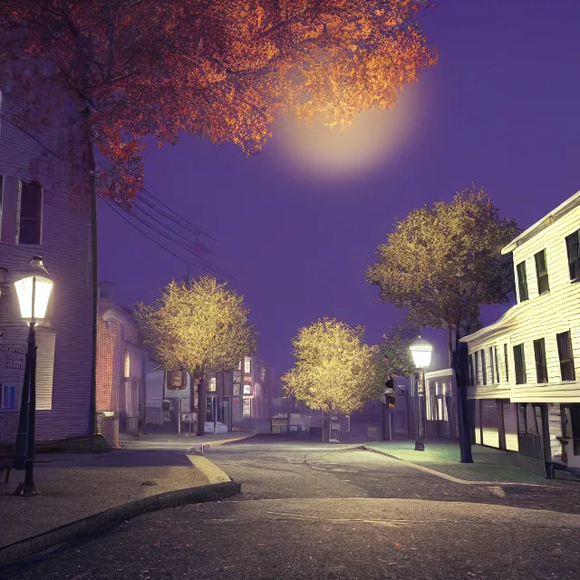 Image similar to night time photo of portsmouth new hampshire on halloween, tall maple trees along street, old street lamps, volumetric, realistic, cinematic lighting, ray tracing, unreal engine 5, octane render, hyper realistic, 8 k