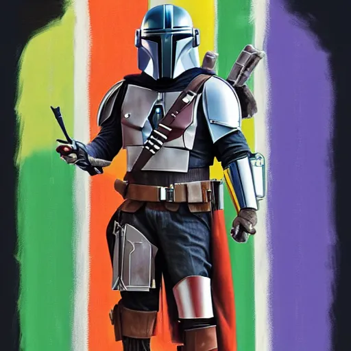 Image similar to the mandalorian's cape is a rainbow pride flag by ilya kuvshinov katsuhiro otomo