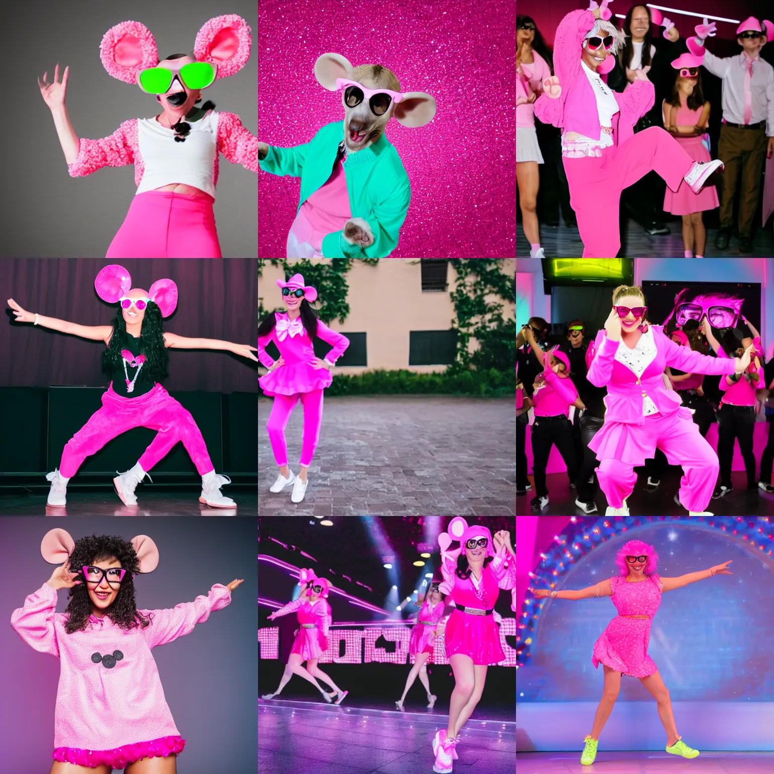 Prompt: mouse wearing pink outfit and glasses stepdancing