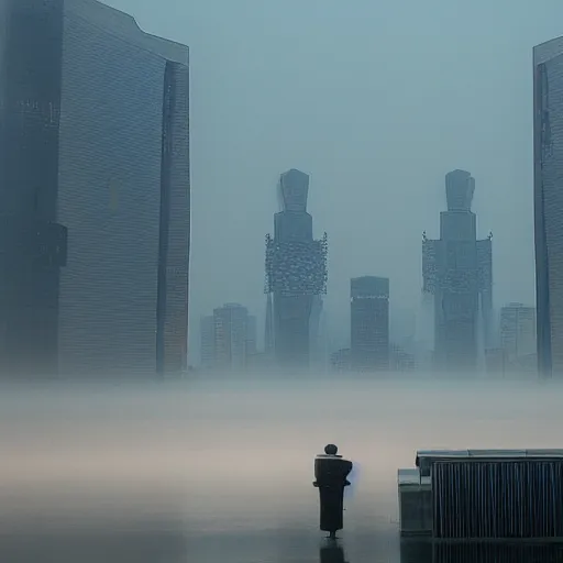 Prompt: pyongyang, fog, in the style of ghost in the shell by mamoru oshii