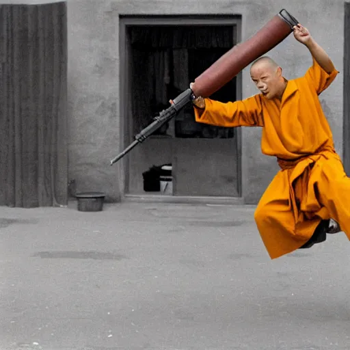 Image similar to a shaolin monk in the army, screaming and firing an automatic rifle