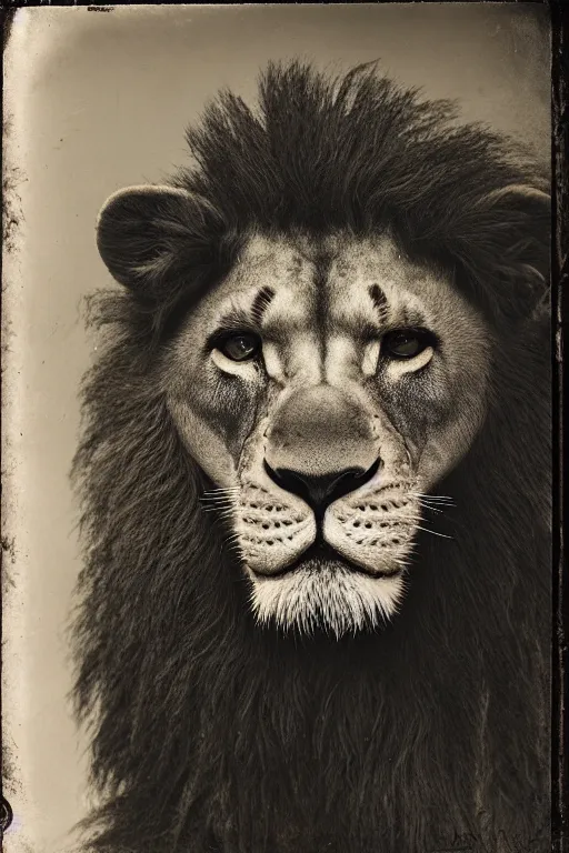 Image similar to a wet plate photo of an anthropomorphic mean looking lion king