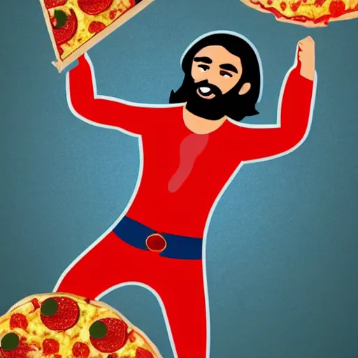 Image similar to jesus is a pizza super hero, epic, cinematic, digital art, trending on artstation