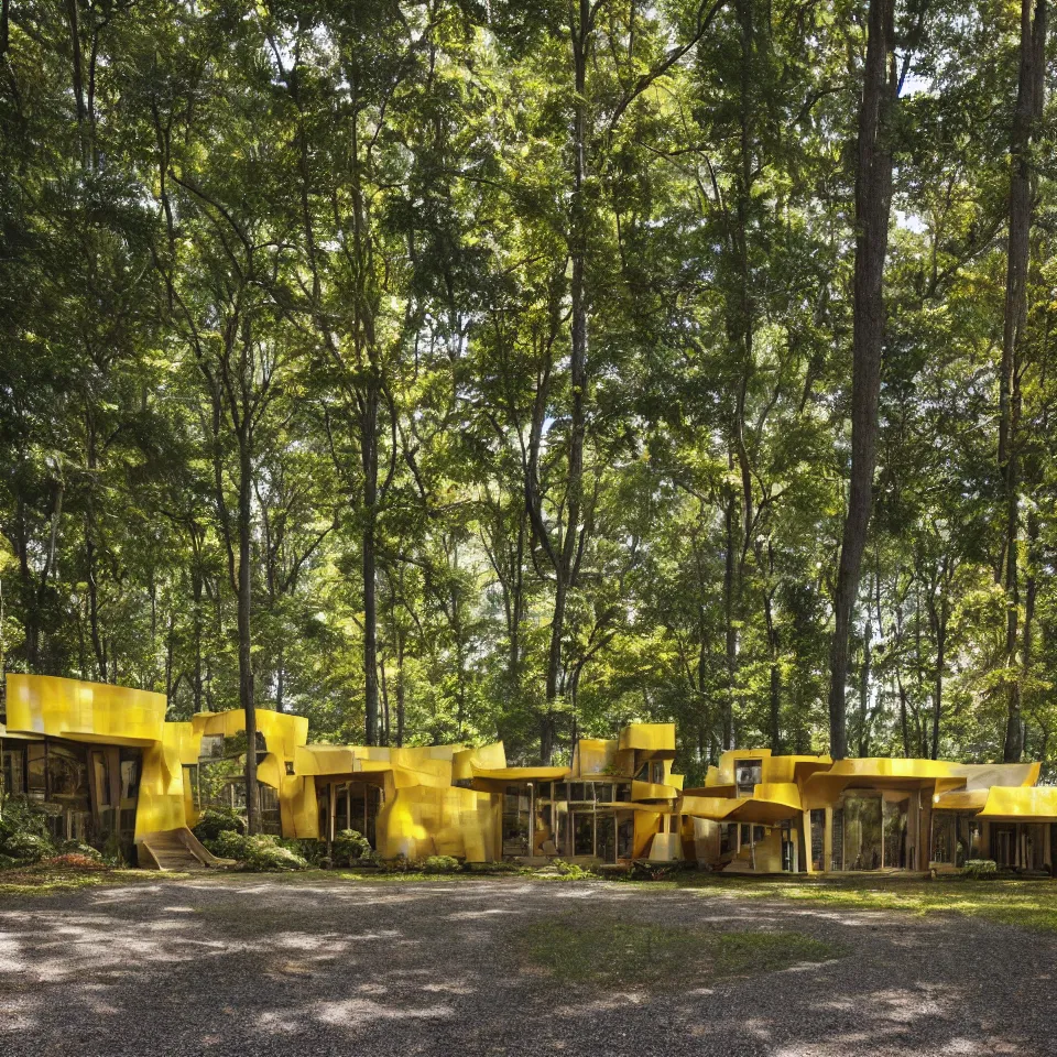 Image similar to a gravel road leading to a mid-century modern house with large windows in a forest, designed by Frank Gehry. Big tiles. Film grain, cinematic, yellow hue