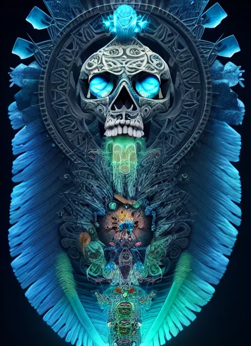 Image similar to 3 d shaman with tattoos profile portrait, sigma 5 0 0 mm f / 5. beautiful intricate highly detailed quetzalcoatl skull and feathers. bioluminescent, plasma, frost, water, wind, creature, gradient background, thunderstorm! artwork by tooth wu and wlop and beeple and greg rutkowski, 8 k trending on artstation,