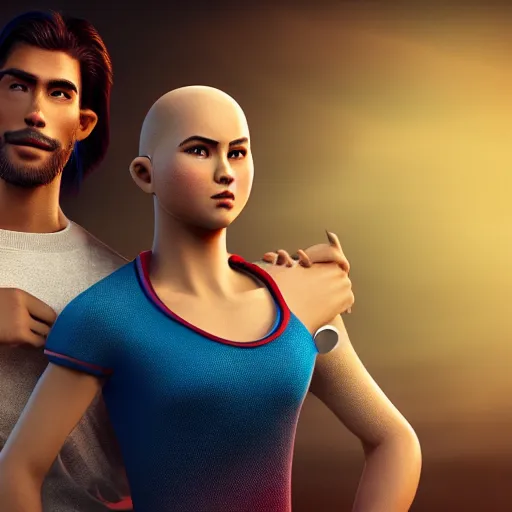 Image similar to young beautiful athletic Filipino woman with long hair standing beside a handsome caucasian athletic thin man with very short buzzed thinning hair, stubble beard on his face, blue eyes, they are posing, depicted as adult Pixar characters, high quality cg render, 4k