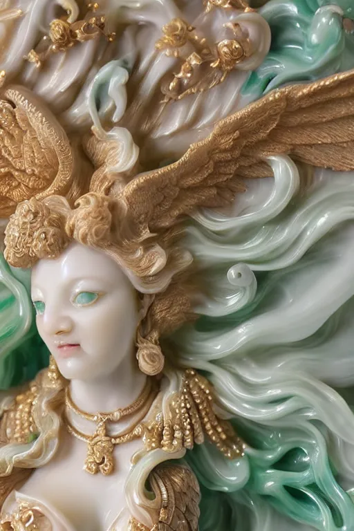 Image similar to a closeup photo, rococo alabaster and jade real delicate ceramic porcelain sculpture of an ornate detailed phoenix goddess in front of an intricate background by rafael, micro detail, backlit lighting, subsurface scattering, translucent, thin porcelain, emerald, jade, octane renderer, colorful, physically based rendering, trending on cgsociety