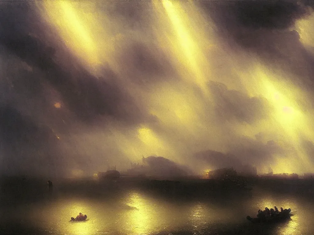 Prompt: heavy rain in south korea, bridges and buildings under water, beam of light through dark clouds, by Aivazovsky