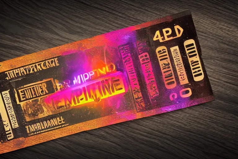 Prompt: photoshop mockup of a concert ticket on a table, bandname is tripmachine, realistic digital art, on the ticket is a 3 d render of a huge futuristic steampunk generator, 8 k, fluorescent colors, halluzinogenic, multicolored, exaggerated detailed, unreal engine