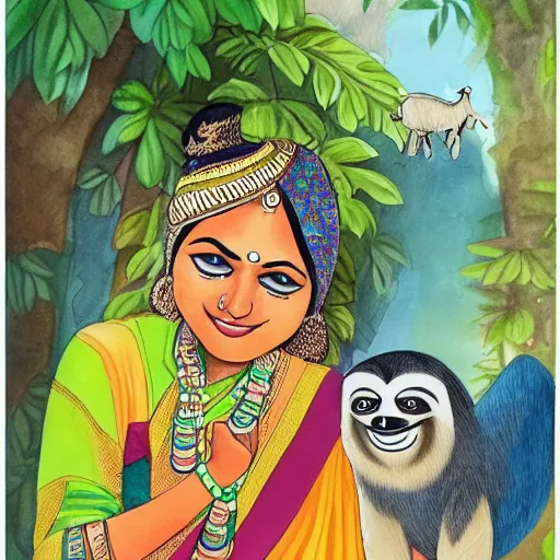 Image similar to beautiful indian woman and cute sloth investigate crime together, illustrated, children's book, high detail cartoon, colourful, watercolour