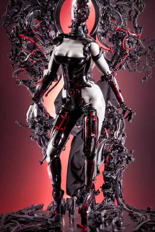 Image similar to full-body cyberpunk style sculpture of a young beautiful dark priestess, half android with a head opening exposing circuitry, glowing red eyes, black roses, flowing blood red colored silk, fabric, candles, baroque elements, human skull, full-length view. baroque element. intricate artwork by Caravaggio. crows flying in background. Trending on artstation, octane render, cinematic lighting from the right, hyper realism, octane render, 8k, depth of field, 3D