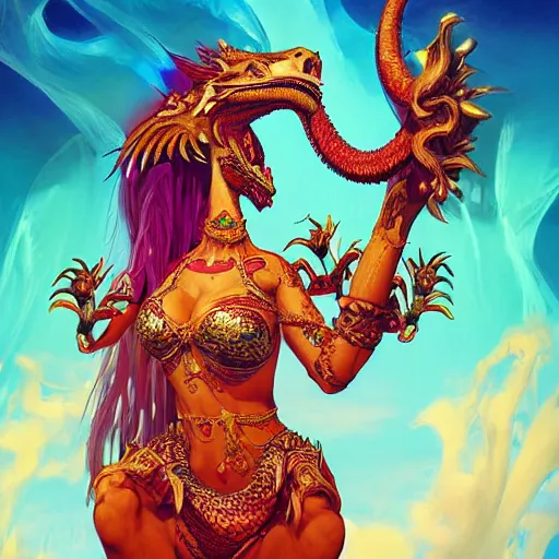 Prompt: photo of a cute female bellydancer dragon with 6 arms, anthropomorphic dragon, dragon face, stunning 3 d render, ultra real, masterpiece, glowing holy aura by laurie greasley and roger dean and aleski briclot