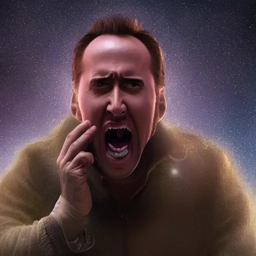 Image similar to hyperrealistic dslr film still of nicolas cage screaming in space, stunning 8 k octane comprehensive 3 d render, inspired by istvan sandorfi & greg rutkowski & unreal engine, perfect symmetry, dim volumetric cinematic lighting, extremely hyper - detailed, extremely lifelike attributes & lifelike texture, intricate, masterpiece, artstation, stunning